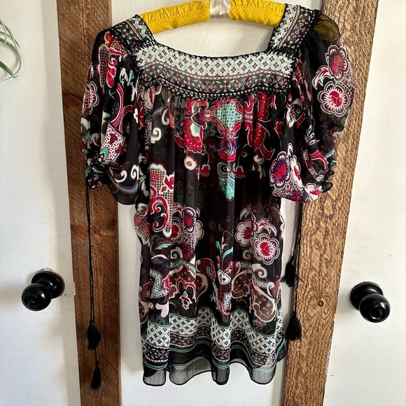 YVOS Boutique Sheer Vibrant Mixed Media Boho Blouse Medium - Picture 13 of 16